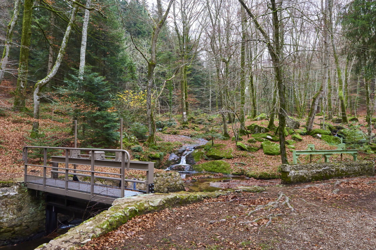 Un dispositif de double vannage avec un épanchoir permet de réguler la quantité d'eau dans la rigole de la Montagne et le cours d'eau.